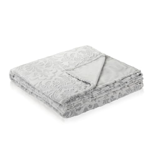 Como XXL-Kuscheldecke Hellgrau mit Ornament-Muster, Moderne Fleecedecke, fein gestrickte Wohndecke, 100% Polyester, 350GSM, gesäumte Einfassung 220 x 240 cm von Como