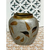 Vintage Vase Messing Emaille Blättern Blumenvase Handbemalt Vintage Vase Messing Emaille Blättern Blumenvase Handbemalt von Compacu