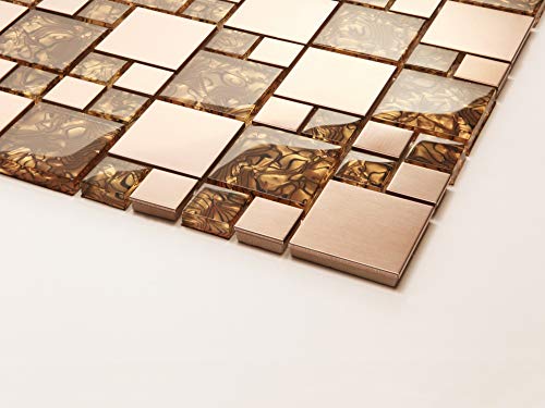 10x10cm Muster. Glas und Edelstahl Mosaik Fliesen Muster in Gold und Kupfer (MT0087) von Complement