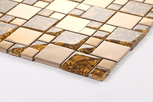 10x10cm Muster. Glas und Edelstahl Mosaik Fliesen Muster in Gold und Kupfer (MT0087 Muster) von Complement