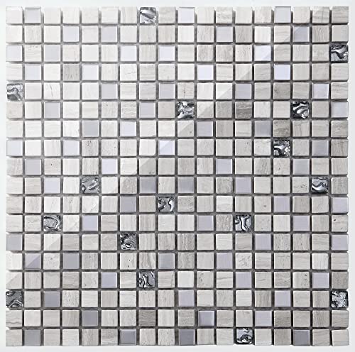 Complement Grau Naturstein, Silber Glas und Edelstahl Mosaik Fliesen Matte. (CM0003) von Complement