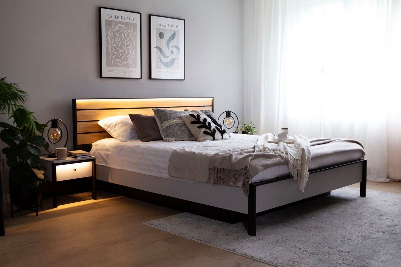 Compleo Bett MIYA Modernes Bett, grau/schwarz Bett mit USB- und C-Anschluss, mit Betkasten, LED-Beleuchtung von Compleo