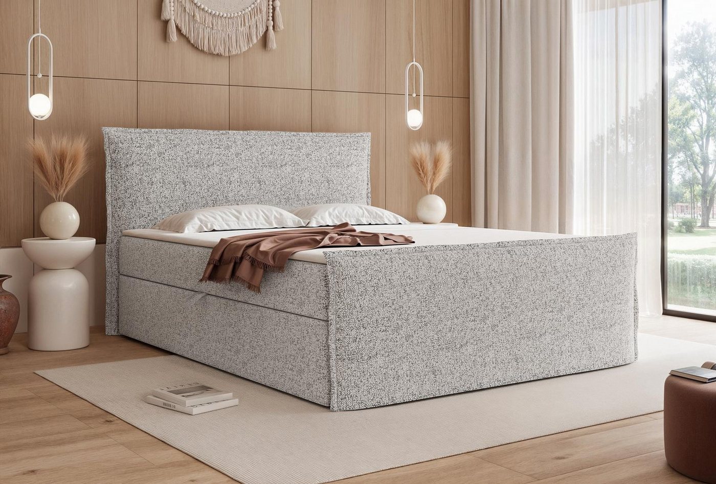 Compleo Boxspringbett Boucle oder Chenille-Stoff, Boxspringbett mit 2 Bettkasten (Größen zur Auswahl, optional mit Topper), Zeitlos-moderner klassischer Stil von Compleo