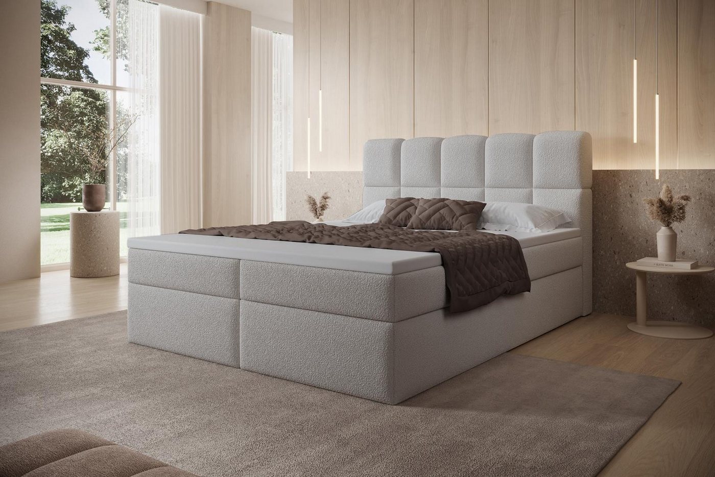 Compleo Boxspringbett mit 2 Bettkasten PUENTE (Boxspringbett, aus Boucle, Polsterbett, Polsterbett Kontinentalbett), Bonell, Topper, Doppelbett mit gepolstertes Kopfteil von Compleo