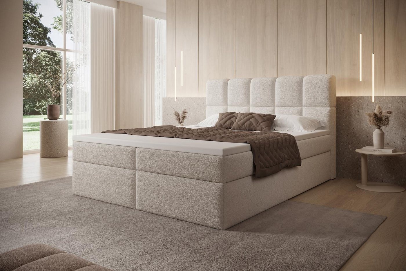 Compleo Boxspringbett mit 2 Bettkasten PUENTE (Boxspringbett, aus Boucle, Polsterbett, Polsterbett Kontinentalbett), Bonell, Topper, Doppelbett mit gepolstertes Kopfteil von Compleo