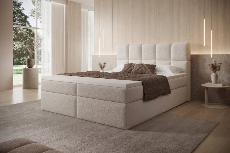Compleo Boxspringbett mit 2 Bettkasten PUENTE (Boxspringbett, aus Boucle, Polsterbett, Polsterbett Kontinentalbett), Bonell, Topper, Doppelbett mit gepolstertes Kopfteil von Compleo