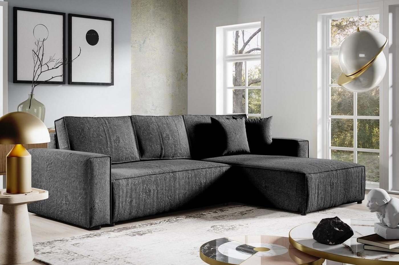 Compleo Ecksofa mit Schlaffunktion, Sofa Eckcouch L-Form BOSTON, Cordstoff, 290x185x70cm von Compleo