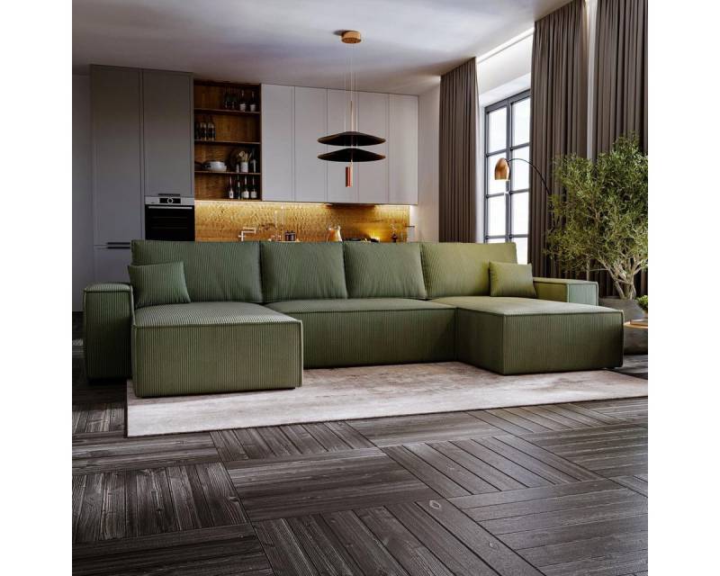 Compleo Ecksofa 370 cm breit, U-Form MALAG, mit Schlaffunktion und Bettkasten, Cordstoff von Compleo