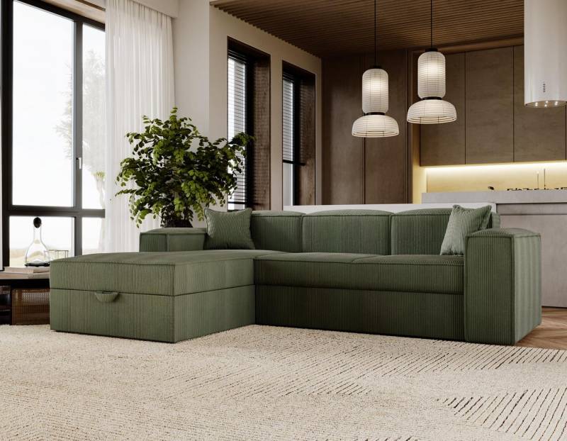 Compleo Ecksofa L-form, Modern design, Cordstoff oder Velvet SANTO, Mit Bettkasten und Schlaffunktion von Compleo