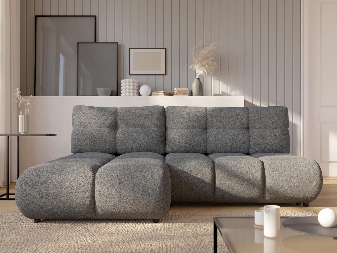 Compleo Ecksofa kleine räume, Modern Eckcouch mit Bettkasten VETTO, Breite: 230 cm, Teddy-Boucle von Compleo