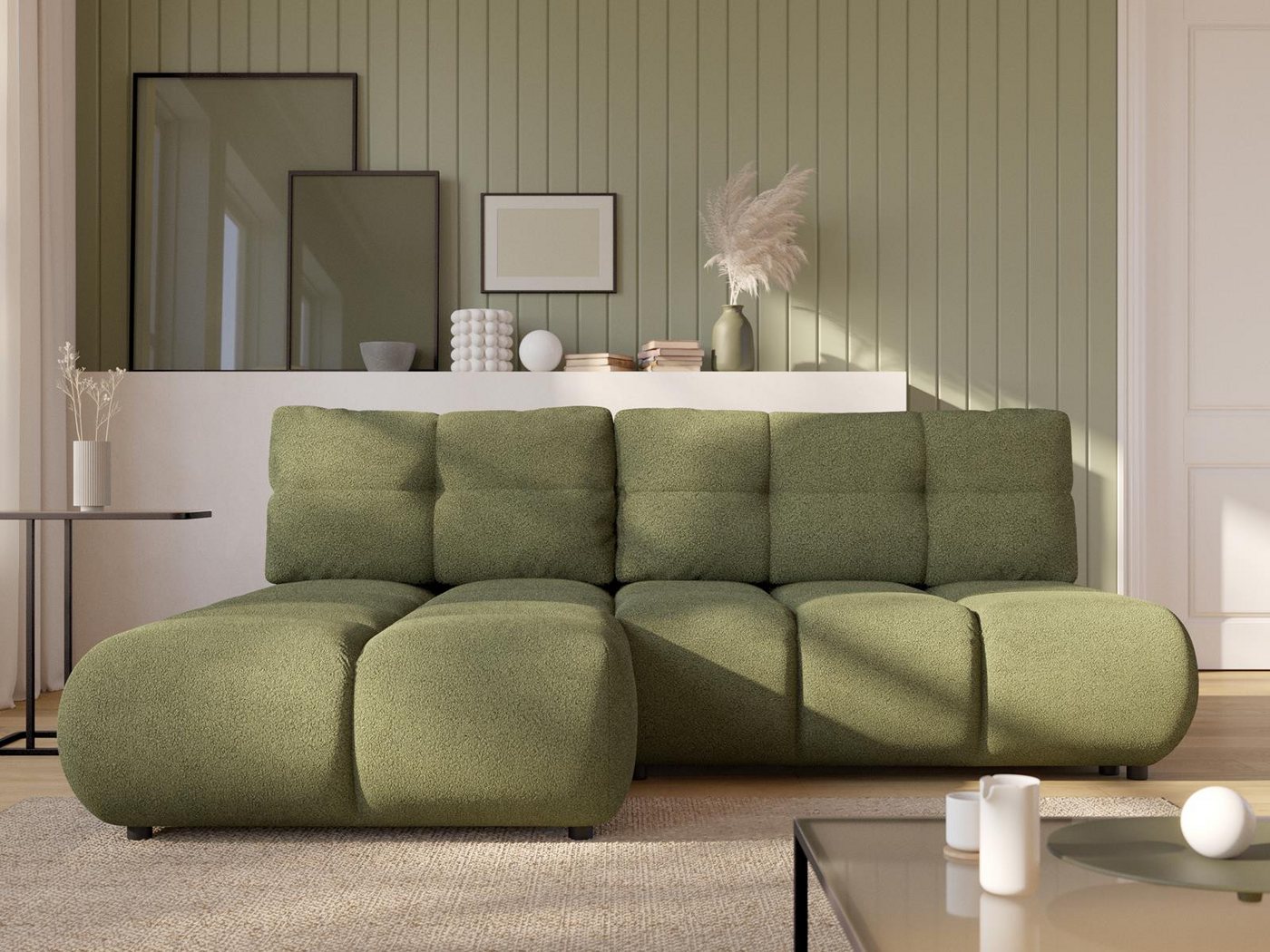 Compleo Ecksofa kleine räume, Modern Eckcouch mit Bettkasten VETTO, Breite: 230 cm, Teddy-Boucle von Compleo