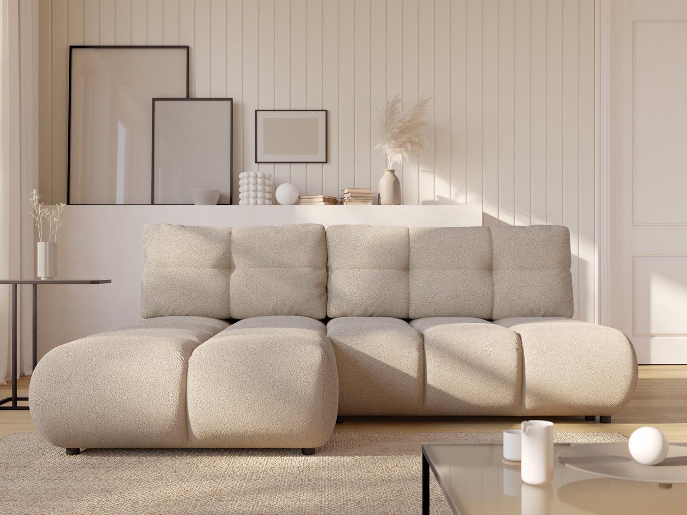 Compleo Ecksofa kleine räume, Modern Eckcouch mit Bettkasten VETTO, Breite: 230 cm, Teddy-Boucle von Compleo