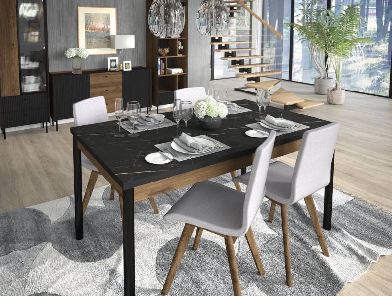 Compleo Esstisch Schwarz Marmor COMO, ausziehbar 160-240 cm, Modern Esszimmer, großer Tisch von Compleo