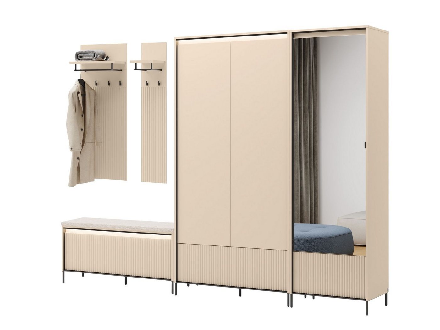 Compleo Garderoben-Set 2x Schrank, Sitzbank, Kleiderbügel FLORE, Flur Set mit Lamellen beige Compleo Garderoben-Set 2x Schrank, Sitzbank, Kleiderbügel FLORE, Flur Set mit Lamellen beige von Compleo