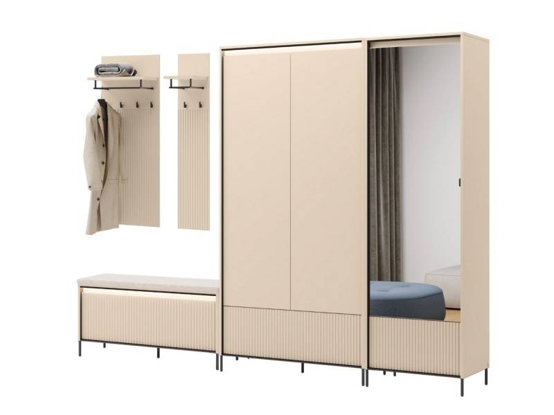 Compleo Garderoben-Set 2x Schrank, Sitzbank, Kleiderbügel FLORE, Flur Set mit Lamellen beige Compleo Garderoben-Set 2x Schrank, Sitzbank, Kleiderbügel FLORE, Flur Set mit Lamellen beige von Compleo