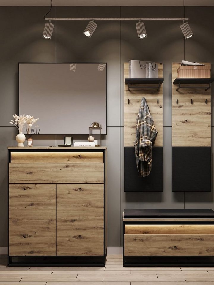 Compleo Garderoben-Set LIMA (Kommode, Schuhschrank, Spiegel, 2x Kleiderbügel), Loft Garderoben-Set von Compleo