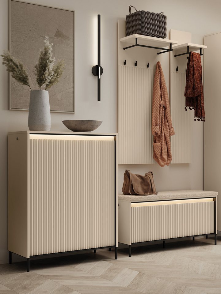 Compleo Garderoben-Set mit Sitzbank, Elegant GarderobenSet Schmaler Flur, Lamellen, (Kleiderbügel, Schuhregal, Kommode) von Compleo