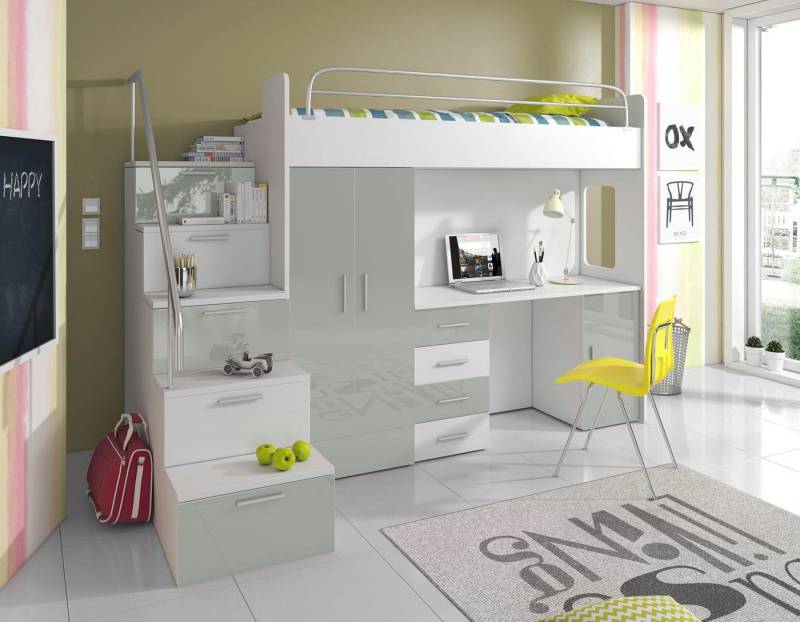 Compleo Jugendbett Etagenbett mit Schreibtisch und Treppe, Schrank und Schreibtisch MOES, für Jungen und Mädchen, Hochbett von Compleo