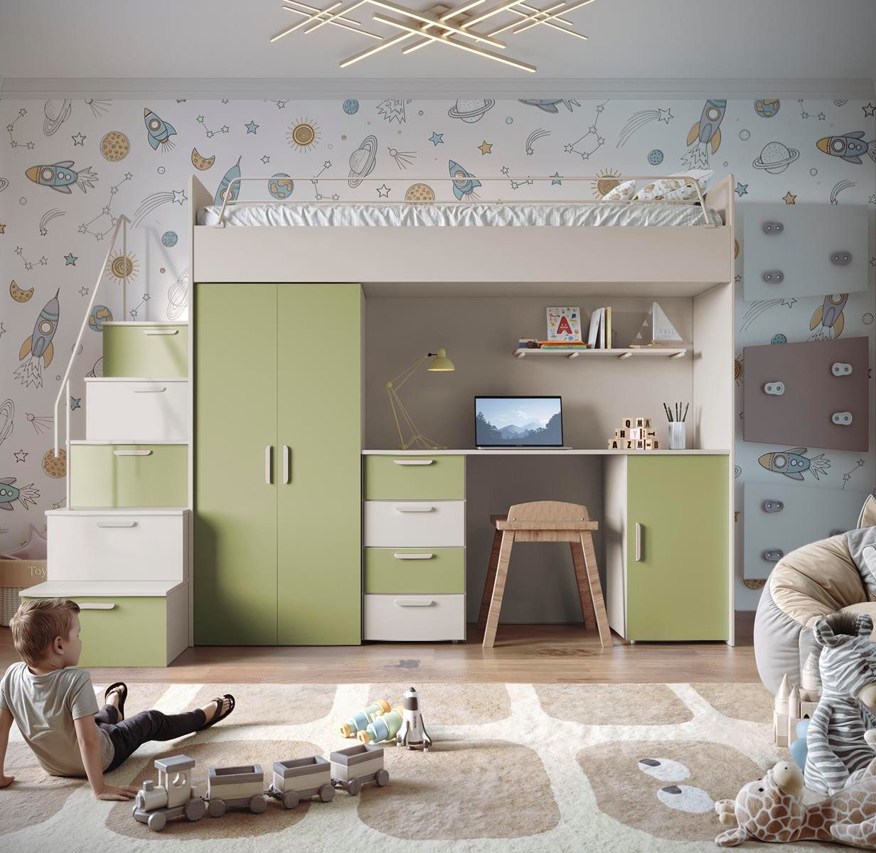 Compleo Jugendbett mit Arbeitsbereich Hochbett, Modern Kinderzimmer STARS von Compleo