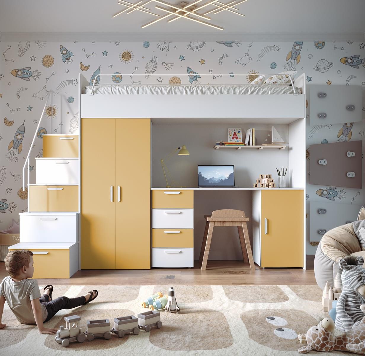 Compleo Jugendbett mit Arbeitsbereich Hochbett, Modern Kinderzimmer STARS von Compleo