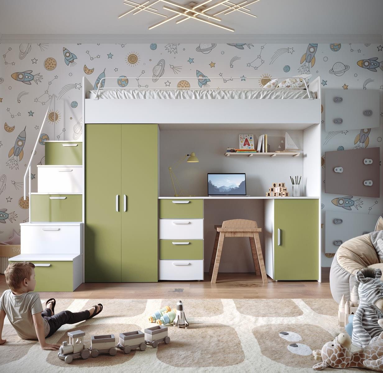 Compleo Jugendbett mit Arbeitsbereich Hochbett, Modern Kinderzimmer STARS von Compleo
