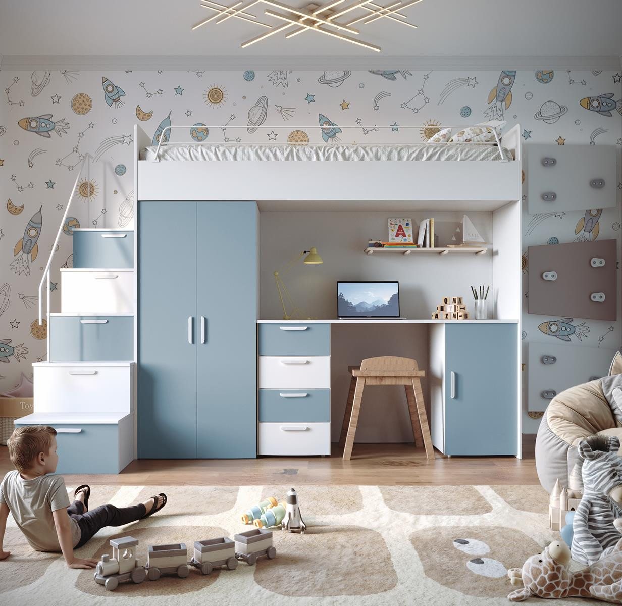 Compleo Jugendbett mit Arbeitsbereich Hochbett, Modern Kinderzimmer STARS von Compleo