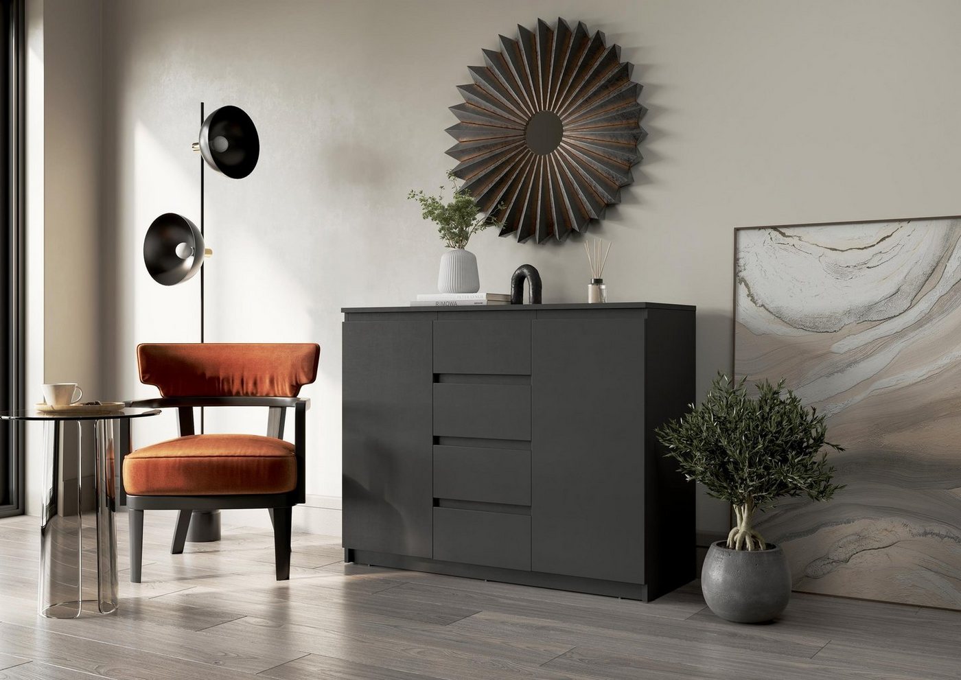 Compleo Kommode Sideboard mit 4 geräumige Schubladen und 2 Türen, VENTI 04 von Compleo