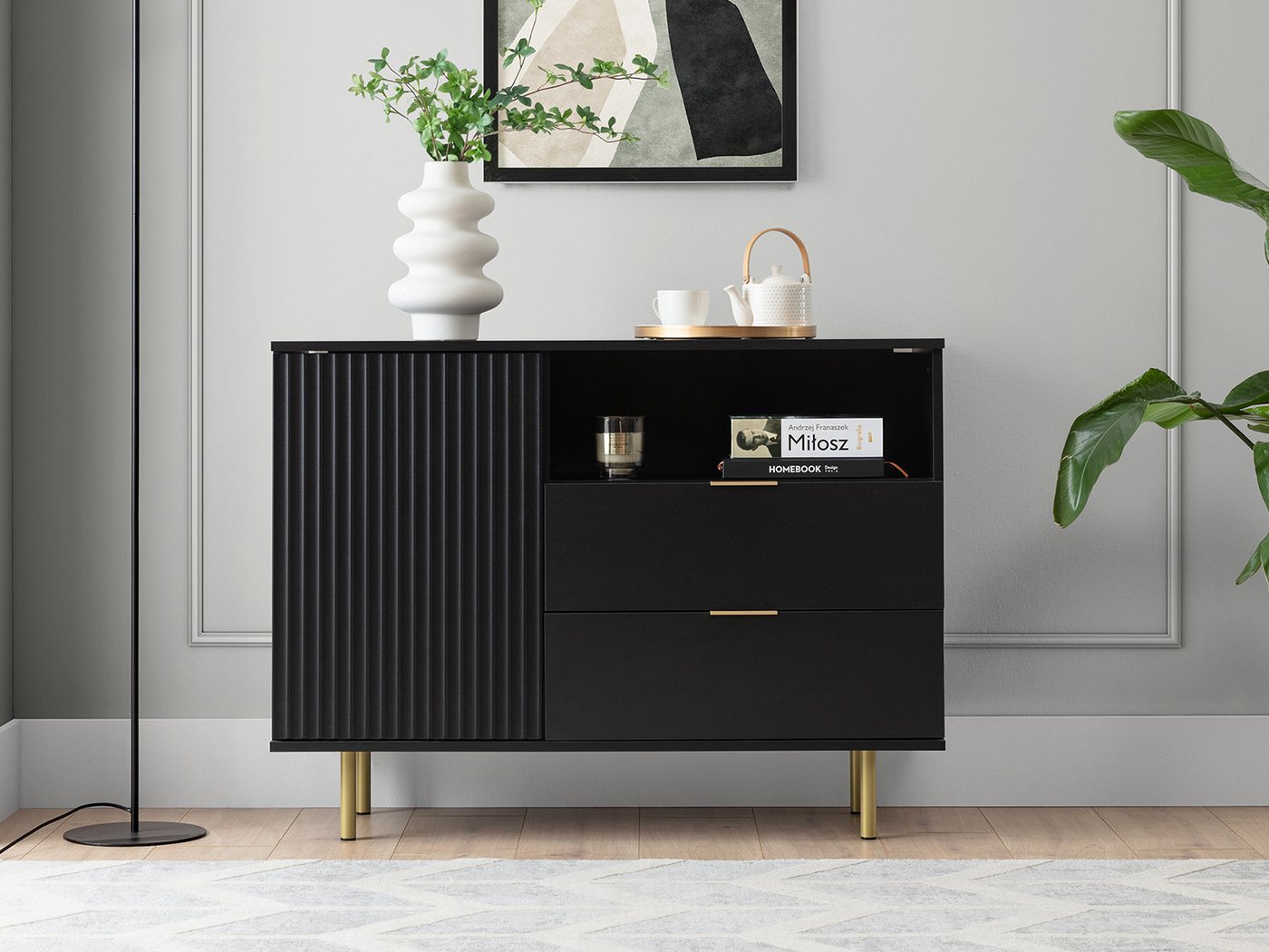 Compleo Kommode mit Lamellen und 2 Schubladen, gold Griffe NUBIA, Kommode auf hohen Beinen von Compleo