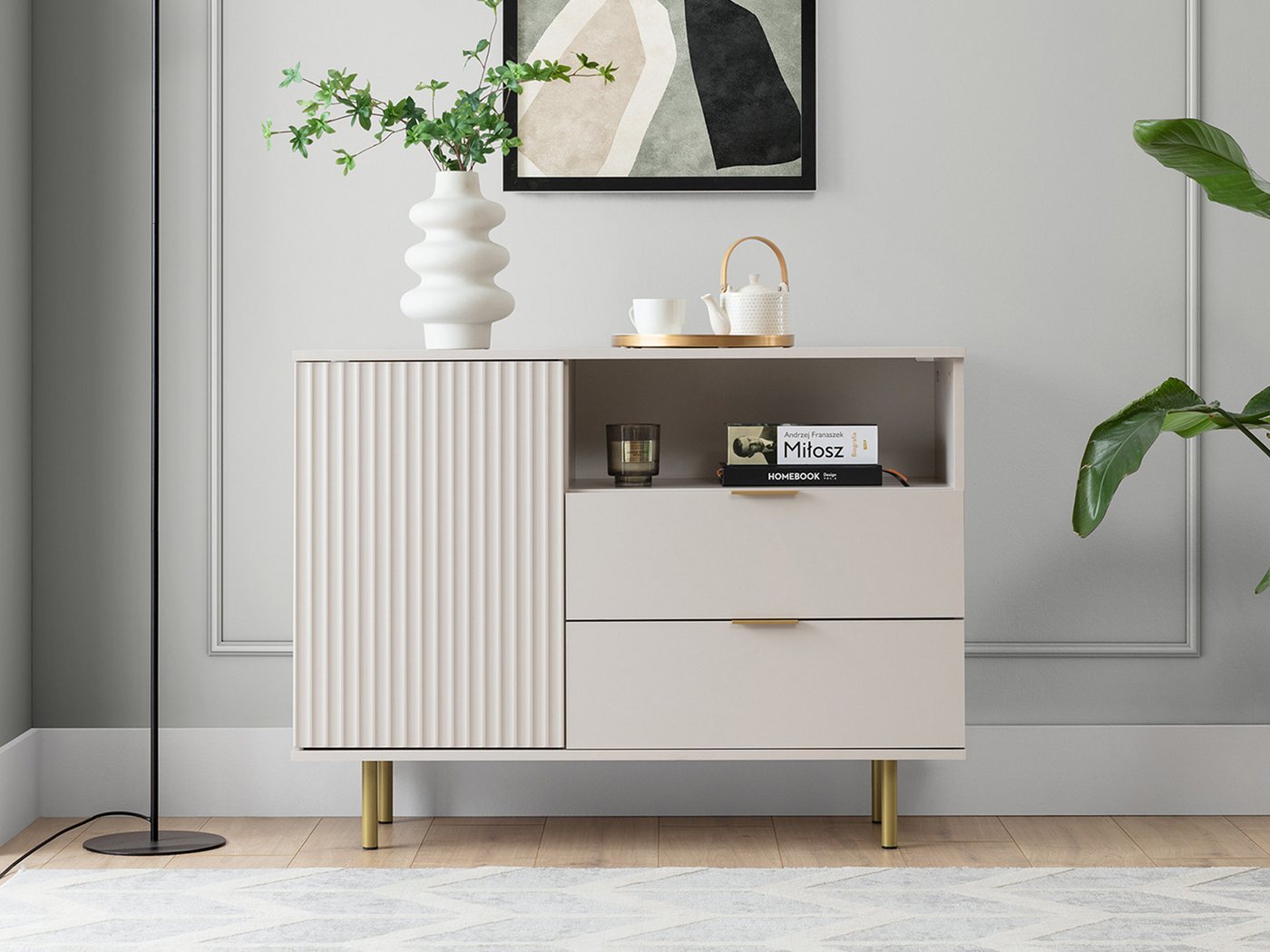 Compleo Kommode mit Lamellen und 2 Schubladen, gold Griffe NUBIA, Kommode auf hohen Beinen von Compleo