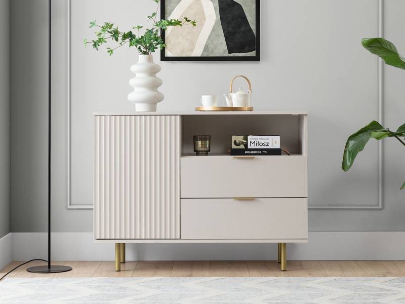 Compleo Kommode mit Lamellen und 2 Schubladen, gold Griffe NUBIA, Kommode auf hohen Beinen von Compleo