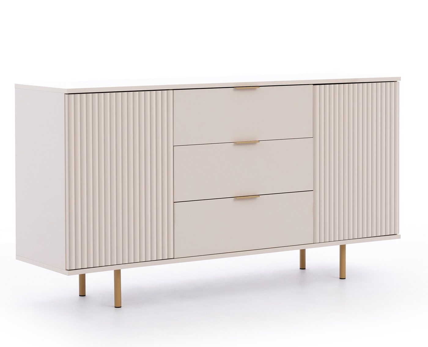 Compleo Kommode mit gerifflete Front, 2 Drehtüren und 3 Schubladen NUBIA, Gold Griffe von Compleo