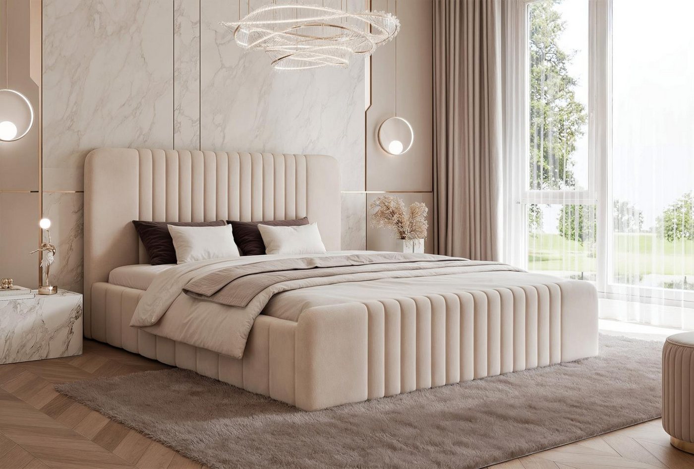 Compleo Polsterbett Doppelbett, Designer Polsterbett, elegantes und modern Schlafzimmer (Viele Varianten zur Auswahl – wählen Sie Größe und Farbe), mit Bettkasten und Lattenrost von Compleo