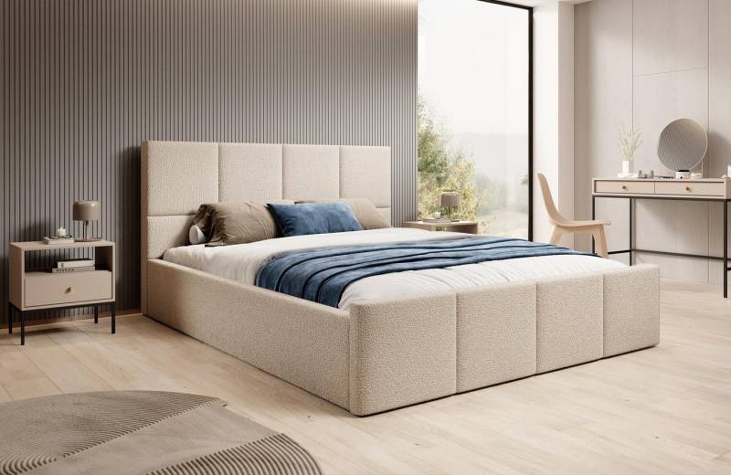 Compleo Polsterbett Doppelbett mit Kopfstütze boucle Designer Bett von Compleo