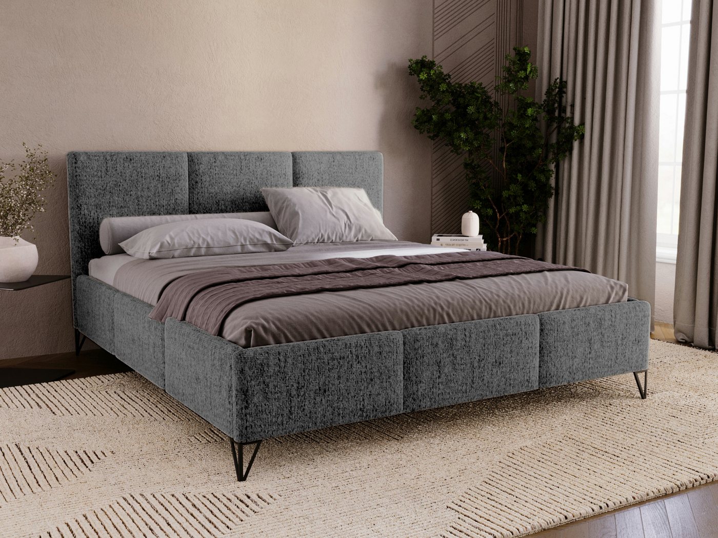 Compleo Polsterbett auf hohen Füße, geflechtartiger Stoff im Retro-Stil, Designerbett Compleo Polsterbett auf hohen Füße, geflechtartiger Stoff im Retro-Stil, Designerbett von Compleo