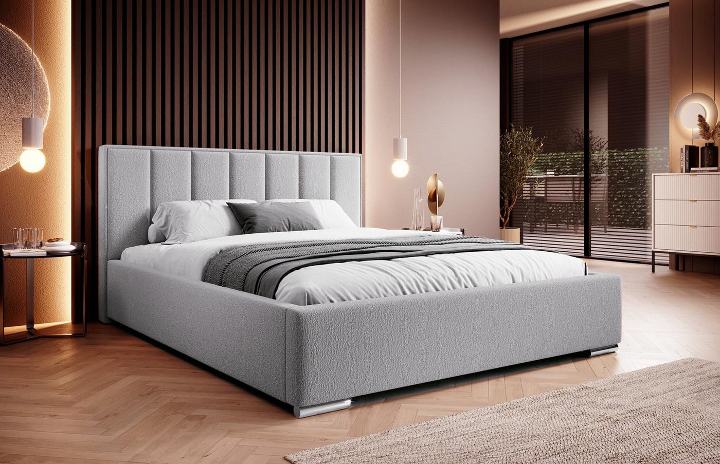Compleo Polsterbett boucle, ohne Matratze, Doppelbett mit Kopfstütze von Compleo