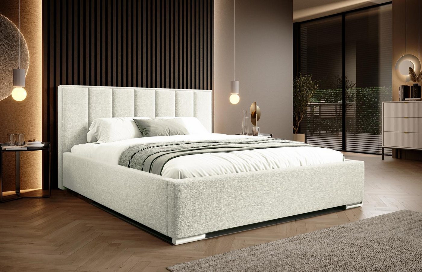 Compleo Polsterbett boucle, ohne Matratze, Doppelbett mit Kopfstütze von Compleo