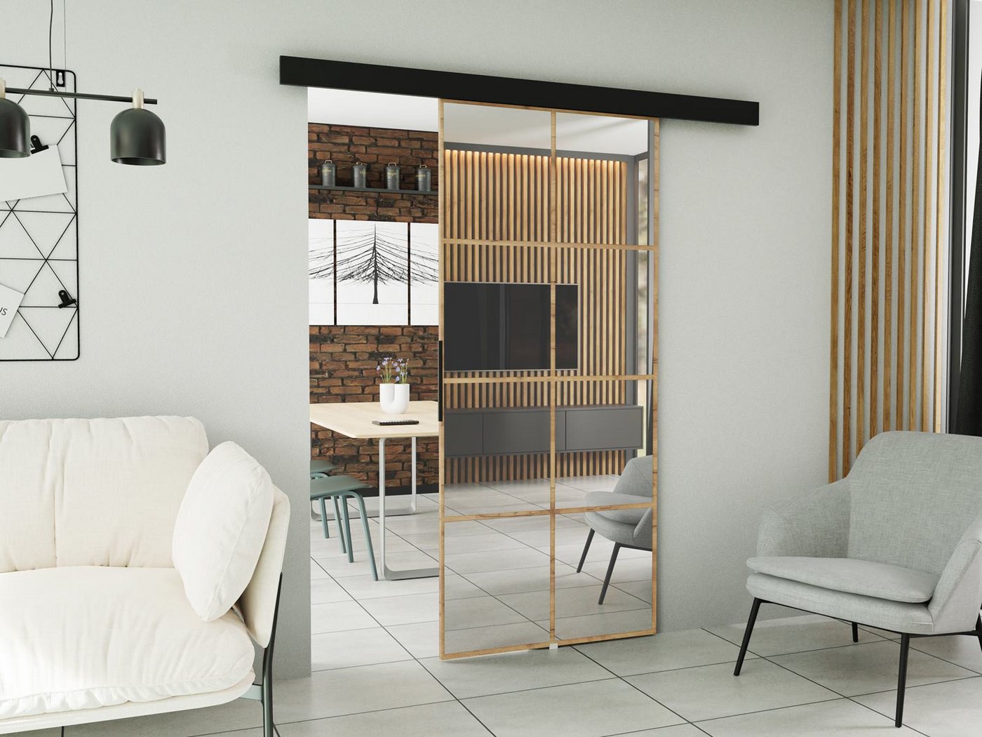 Compleo Schiebetür mit Spiegel, Metallkugellagerschiebesystem, Loft Interior (LOKA) von Compleo