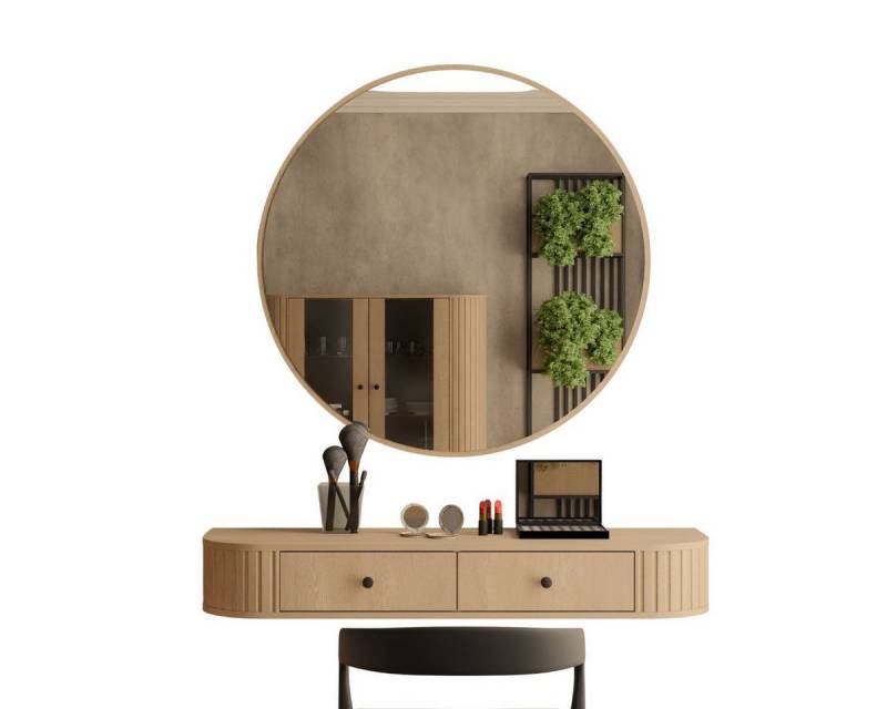 Compleo Schminktisch hängend mit Rund Spiegel, Stil Japandi oder Modern, Eiche cremona oder Beige, Ideal für Flur & Schlafzimmer von Compleo