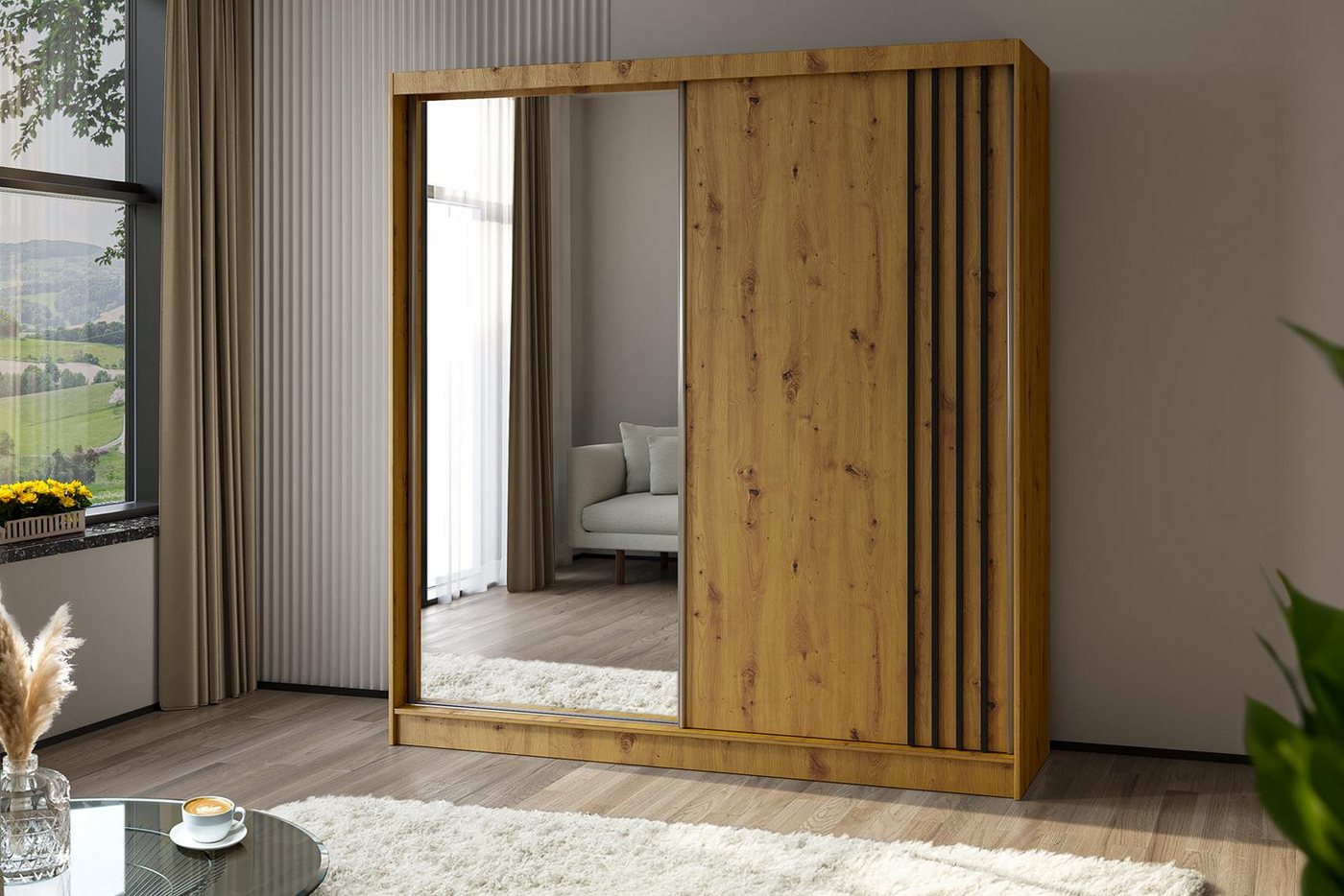 Compleo Schwebetürenschrank mit Lamellen und Spiegel MALTA Breite: 200 cm geräumige Garderobe von Compleo