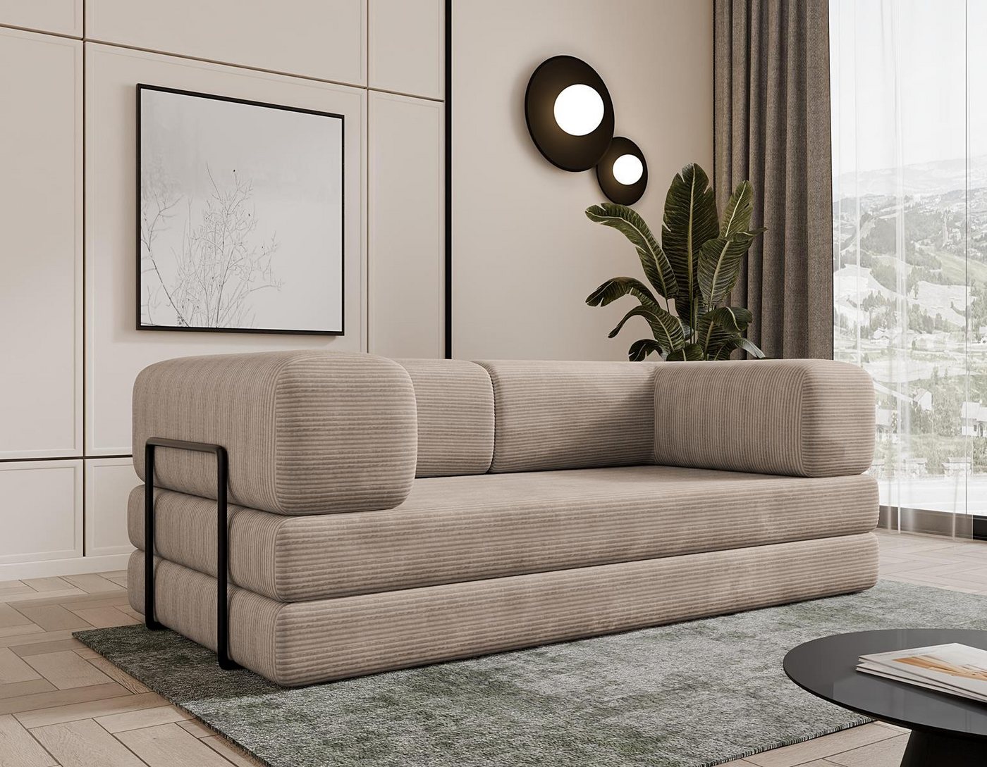 Compleo Sofa Designer Sofa LAMILO– 3-Sitzer mit Cordbezug und Klappfunktion von Compleo