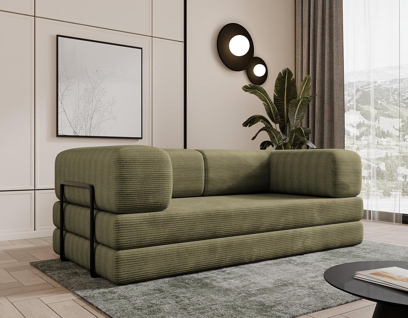 Compleo Sofa Designer Sofa LAMILO– 3-Sitzer mit Cordbezug und Klappfunktion von Compleo