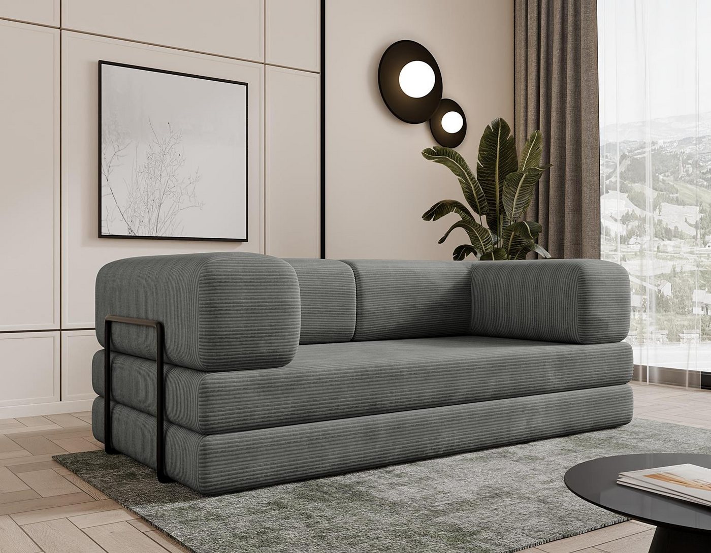 Compleo Sofa Designer Sofa LAMILO– 3-Sitzer mit Cordbezug und Klappfunktion von Compleo