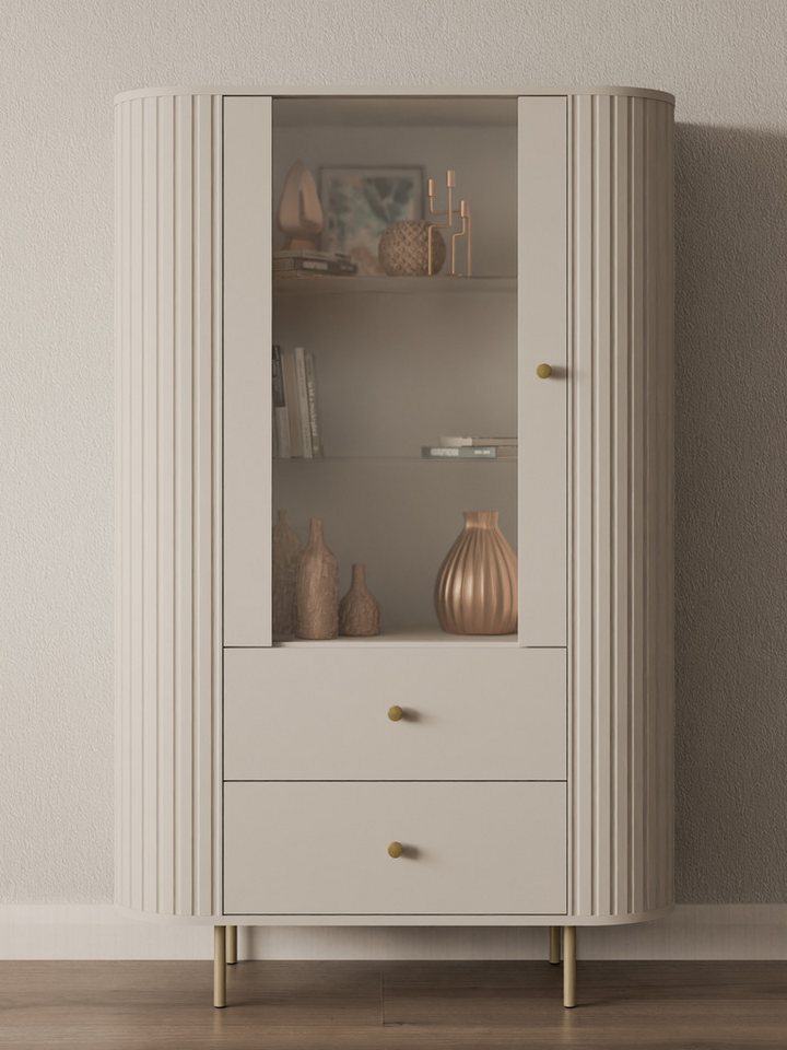 Compleo Standvitrine mit 2 Schubladen und Türen OVI, Elegant design TOPSELLER Eiche cremona oder Beige von Compleo