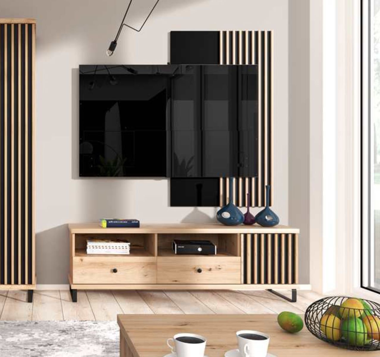 Compleo TV-Schrank BORDO, TV-Tisch, 2 Schubladen, Modern Wohnzimmer Dekorative Lamellen von Compleo