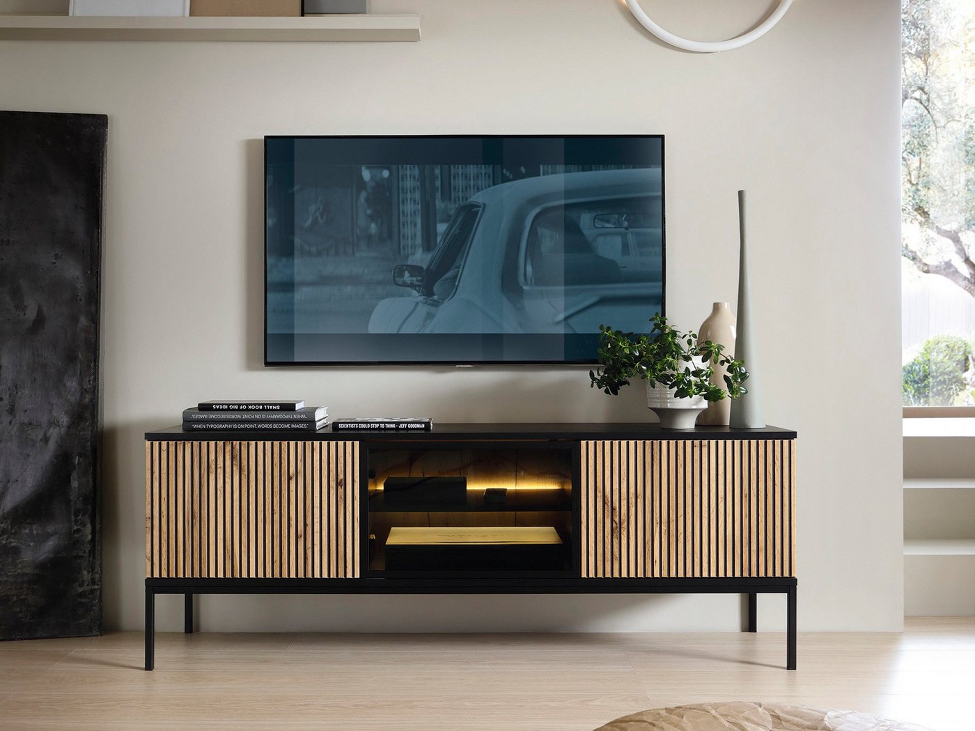 Compleo TV-Schrank LINO, TV Tisch mit LED- Beleuchtung, gerifflete Front, Fernsehschrank Modern Wohnzimmer von Compleo