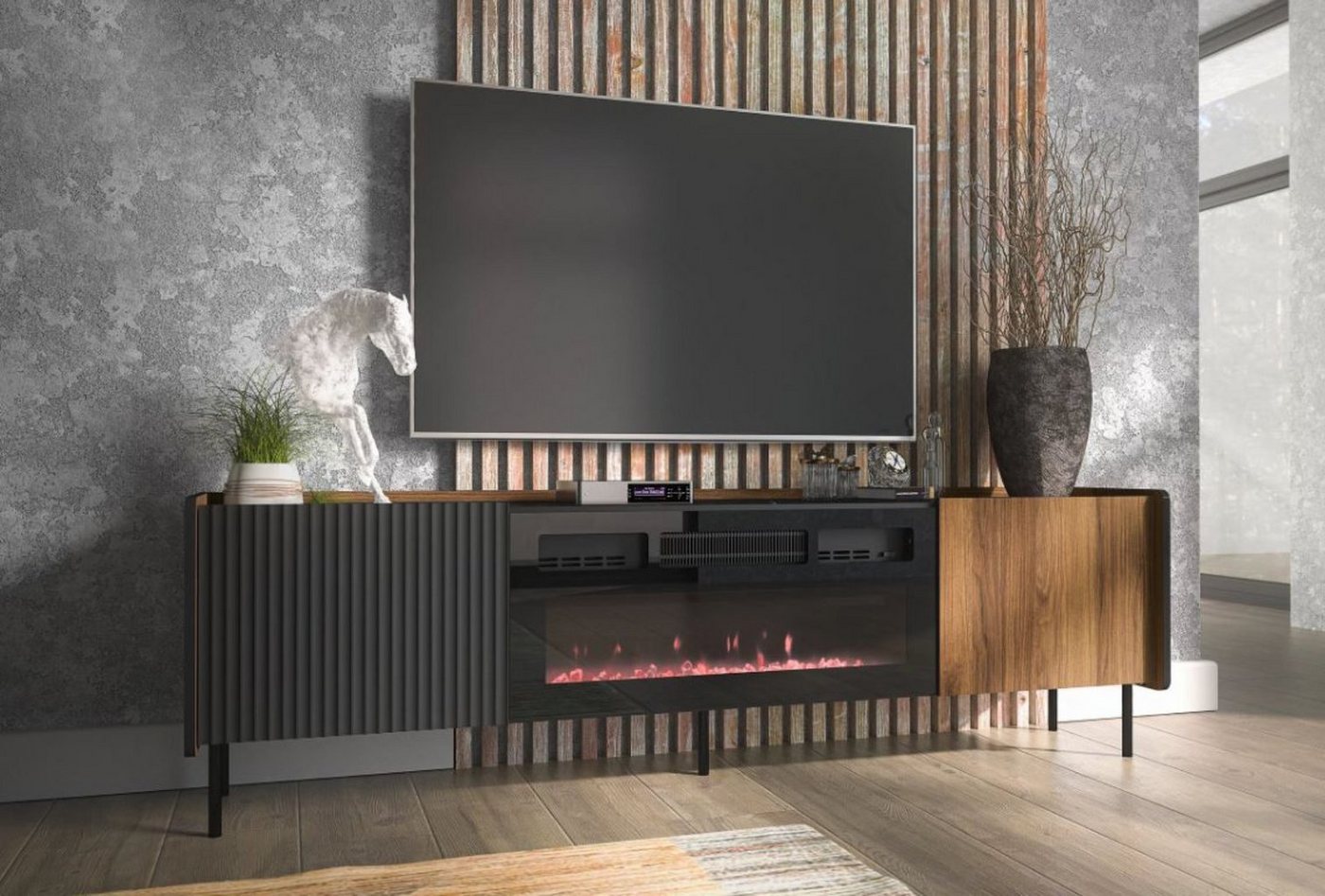 Compleo TV-Schrank zweitürig mit Elektrische Kamin COMO, Realistische LED-Flamme Modern Wohnzimmer von Compleo