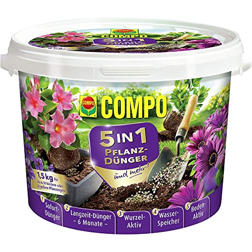 COMPO 5in1 Pflanz-Dünger und mehr für alle Zimmerpflanzen, Balkon- und Gartenpflanzen, 6 Monate Langzeitwirkung, 1,5 kg von Compo