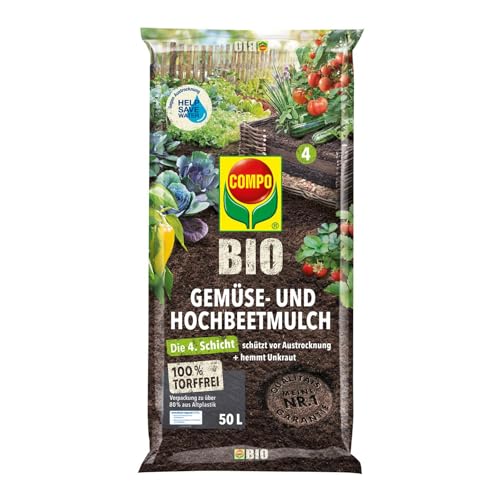 COMPO BIO Gemüse- und Hochbeetmulch torffrei für Gemüsebeete und als abschließende Schicht im Hochbeet zur Regulierung des Feuchtigkeits- und Wärmehaushalts 50 L von Compo