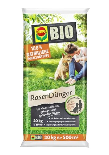 COMPO BIO Rasendünger, Naturdünger für Rasen, Natürliche Sofort- und Langzeitwirkung, Feingranulat, 20 kg, 500 m² von Compo