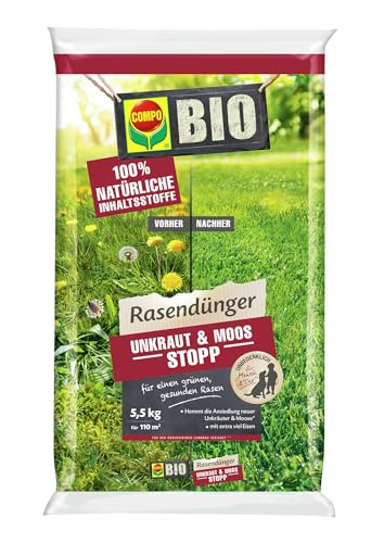 COMPO BIO Rasendünger Unkraut & Moos Stopp - verhindert Ansiedlung von Moos und Unkräutern - 100% natürliche Inhaltsstoffe - 5,5 kg für 110m² von Compo